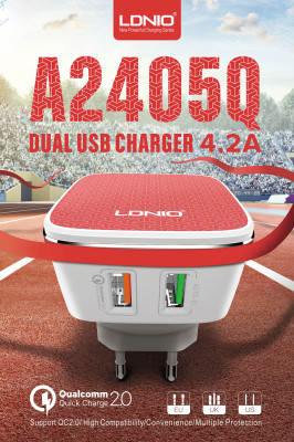 Зарядни Зарядни 220 v Зарядно 220V бързозареждащо оригинално LDNIO Qualcomm 2.0 Quickcharge 2xUSB с Lighting кабел за Apple iPhone 5 / 6 / 7 бял